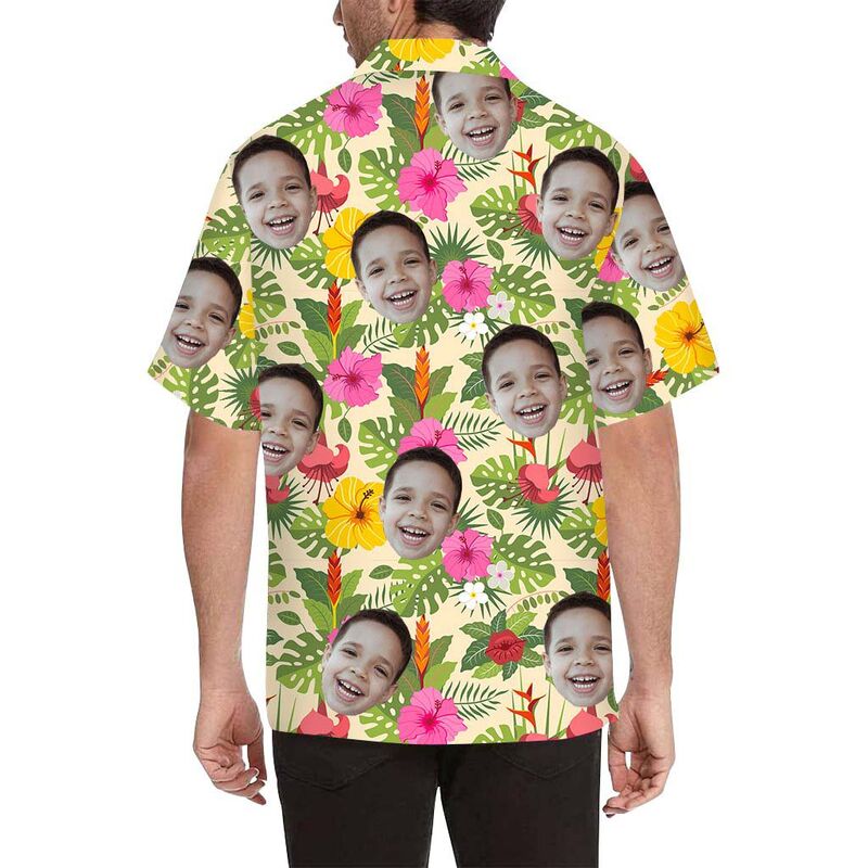 Chemise hawaïenne à impression intégrale pour hommes, personnalisée avec un mélange de visages et de fleurs