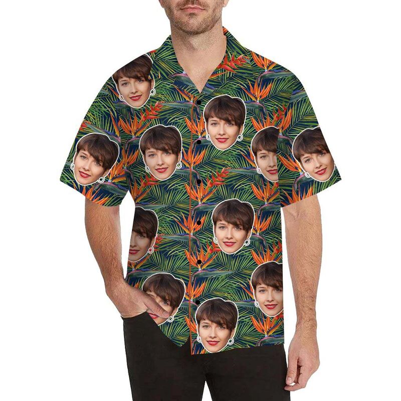 Chemise hawaïenne imprimée sur tout le corps pour hommes, personnalisée avec un mélange de visages et de feuilles