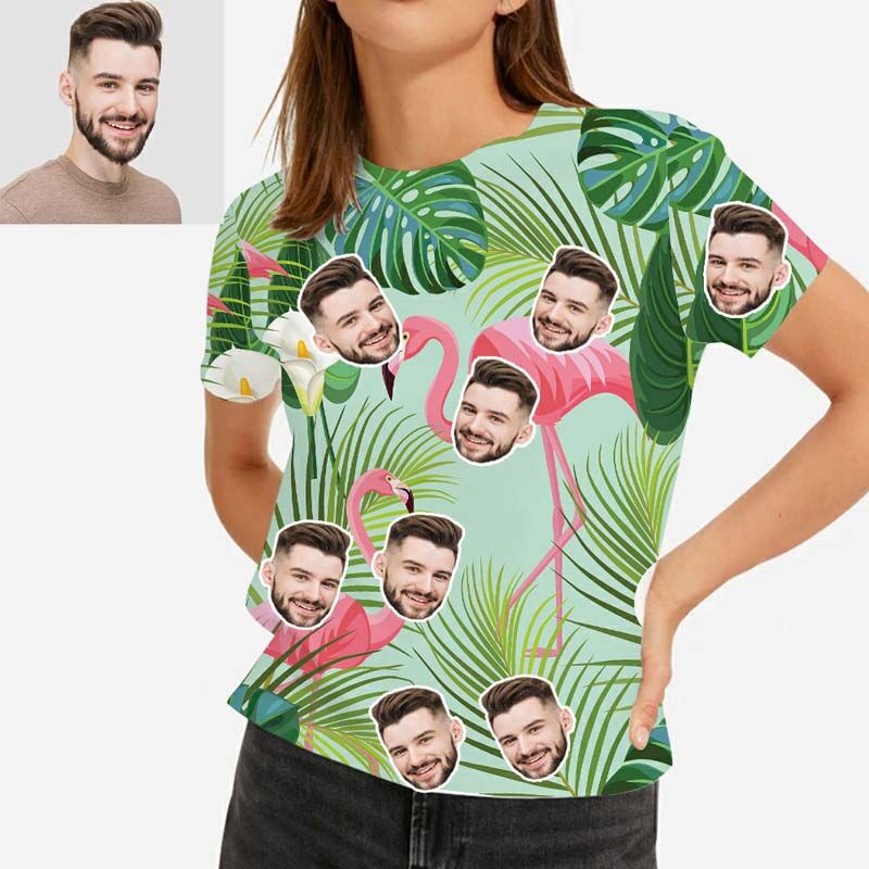 "Flamingos In The Flowers" Custom Face Women's Hawaiian T-Shirt