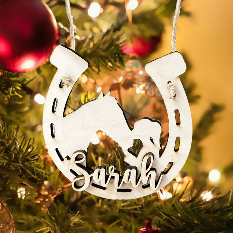 Custom Name Wooden Christmas Decoration With Horse And Little Girl Motif