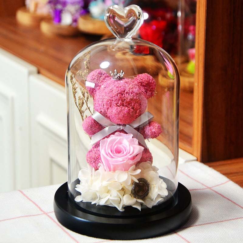 Immortal Rose Bear Glass Cover Rose Flower Valentine's Day Gift