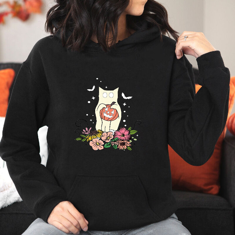Beautiful Hoodie with Ghost Kitten Pattern Design Among Flowers Best Gift for Pet Lover