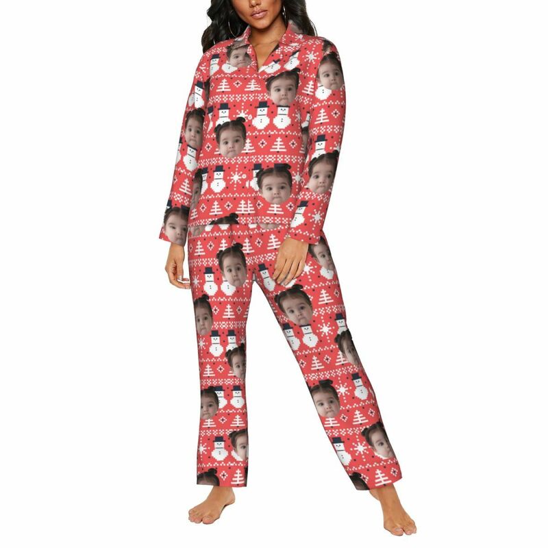 Personalized Pajamas Custom Kid Photo Cute Pixel Snowman Design Attractive Gift for Her Family