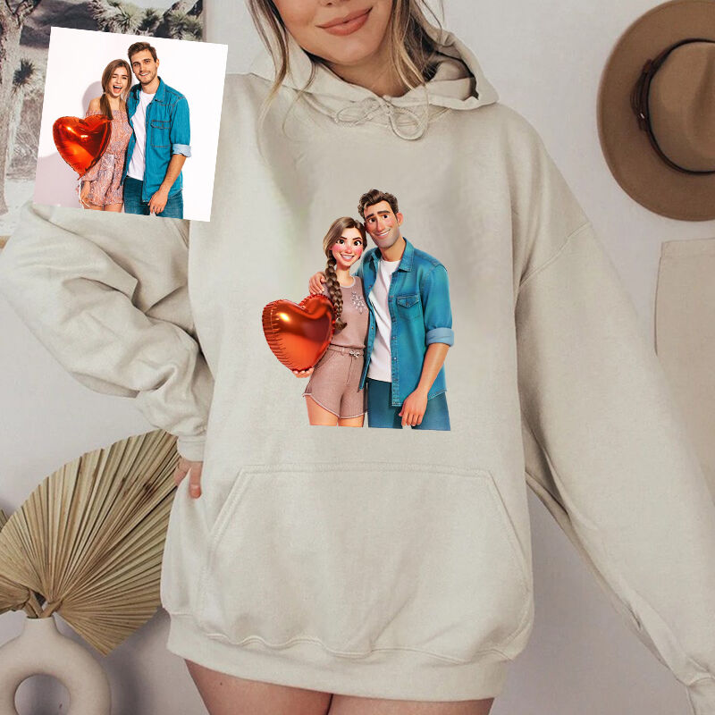 Personalized Hoodie Custom Couple Photo Cartoon Style Design Romantic Gift for Valentine's Day