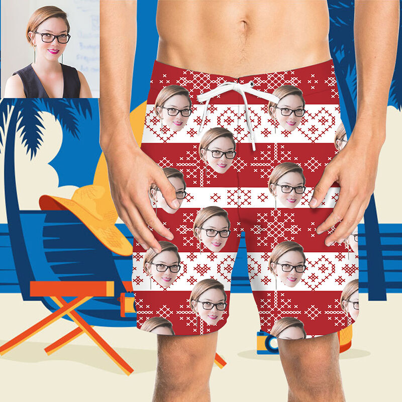 Custom Face Red and White Men's Beach Shorts