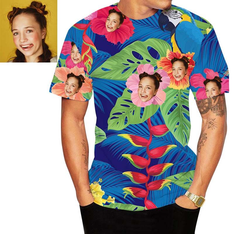 T-Shirt Hawaïen Personnalisé avec Feuilles Vertes et Fleurs Rouges