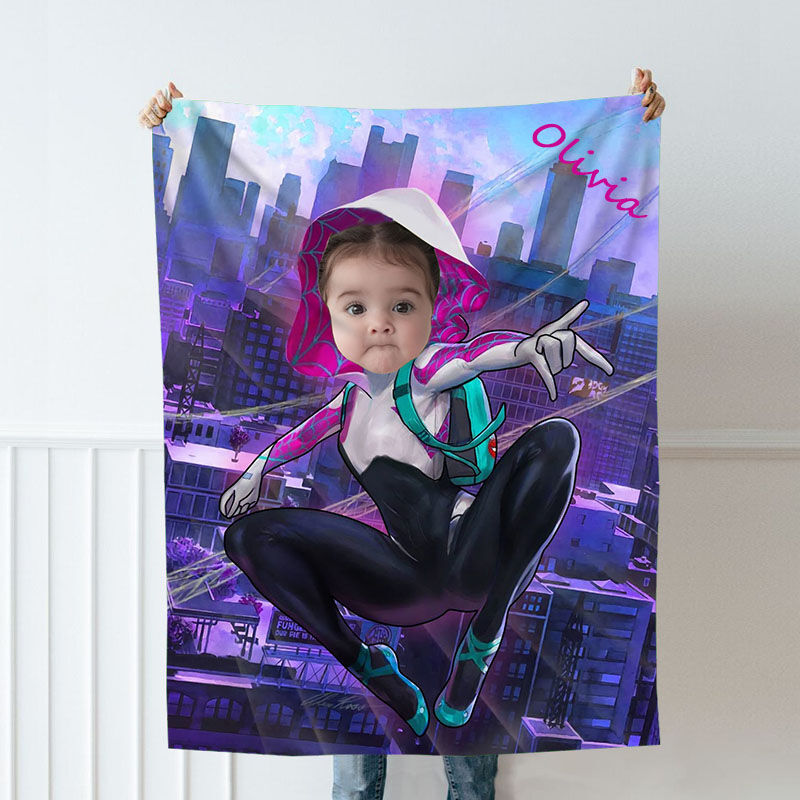 Personalized Custom Photo Blanket Cartoon Image City Flying Background Girls Flannel Blanket
