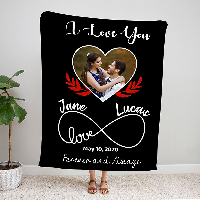 Personalized Picture Blanket with Custom Name And Date Simple Present for Couples "I Love You"