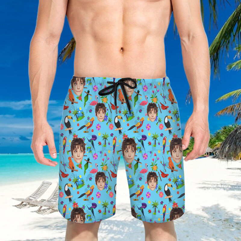 Personalized Picture Men's Beach Shorts with Colorful Birds Pattern Cute Gift for Family