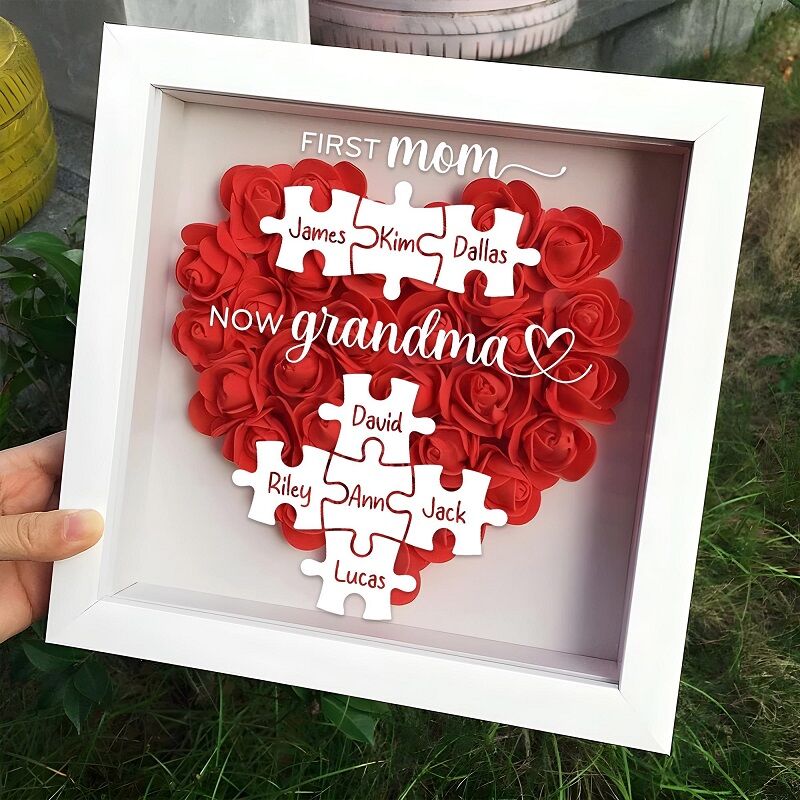Personalized Flower Shadow Box First Mom Now Grandma Custom Name Puzzle Unique Mother's Day Gift