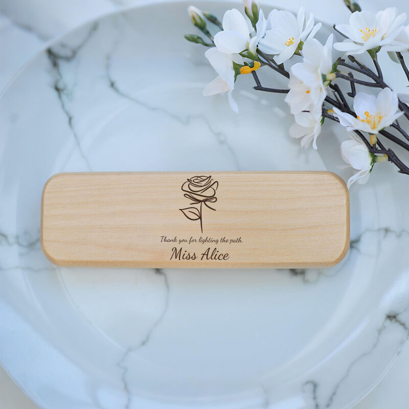 Personalized Pen Wooden Box Elegant Rose Custom Name Design Exquisite Thank You Gift for Teacher