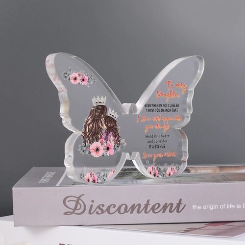 Geschenk für Tochter "Ich liebe und schätze dich immer" Schmetterlingsförmige Acrylplakette mit rosa Blumenmuster