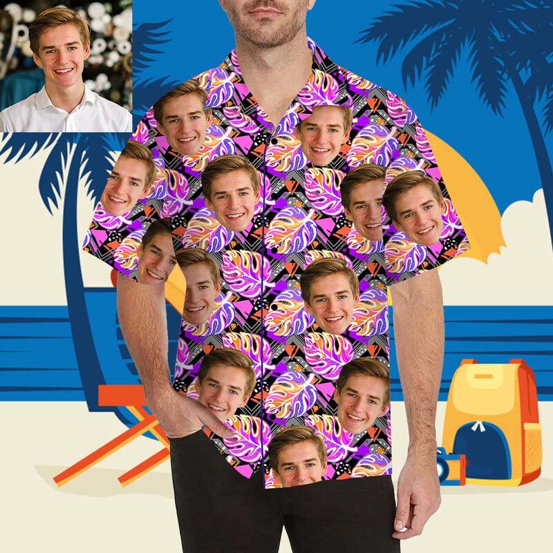 Custom Face Pretty Purple Leaves Men's All Over Print Hawaiian Shirt
