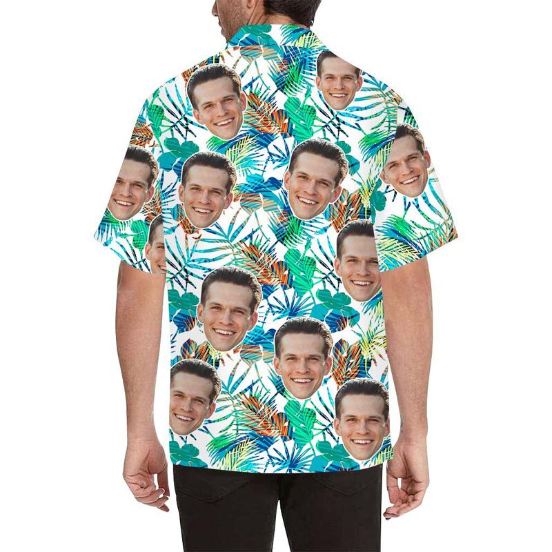 Custom Face Colorful Blue Leaves Men's All Over Print Hawaiian Shirt