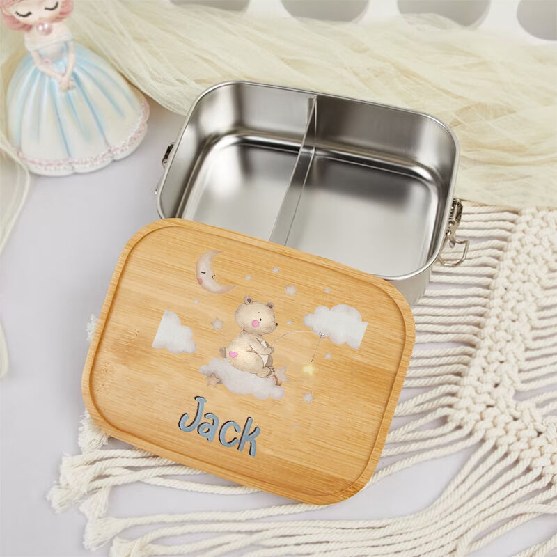 Personalized Lunch Box Custom Name With Cute Bear And Cloud Pattern