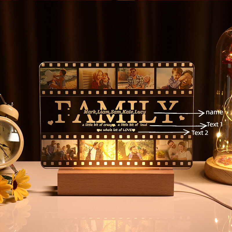 Lampe en bois acrylique personnalisée avec photo gravée et lettrage pour la famille