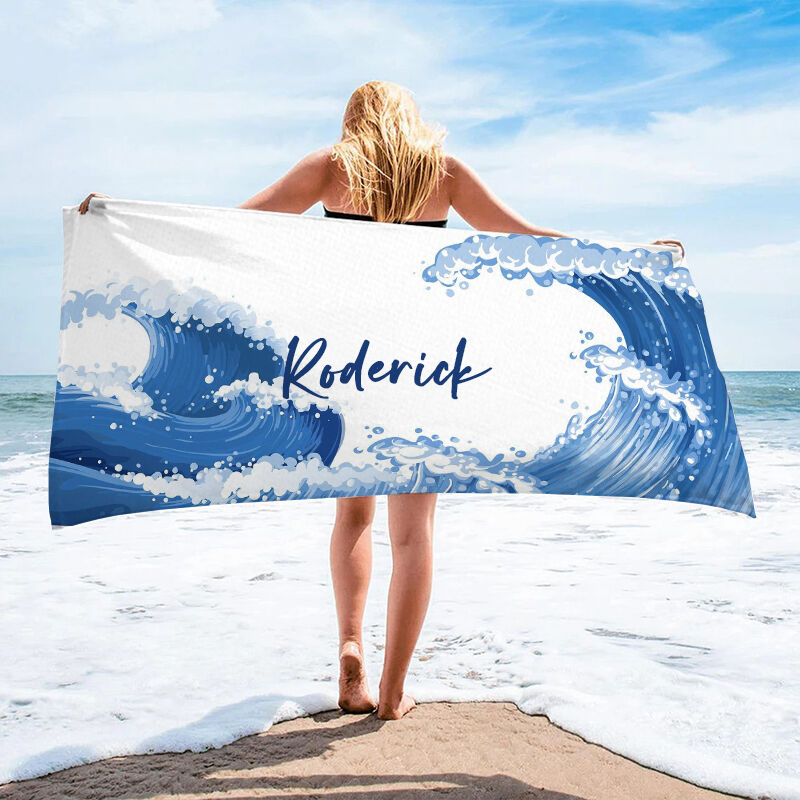 Personalized Name Bath Towel with Huge Wave Pattern Elegant Gift for Favourite Person