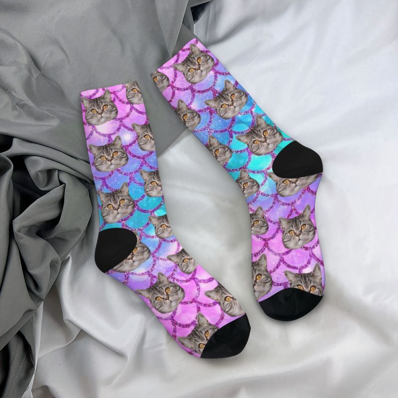 Personalized Face Socks Add Cat Photo Colorful Fish Scale Pattern Gift for Pet Lovers