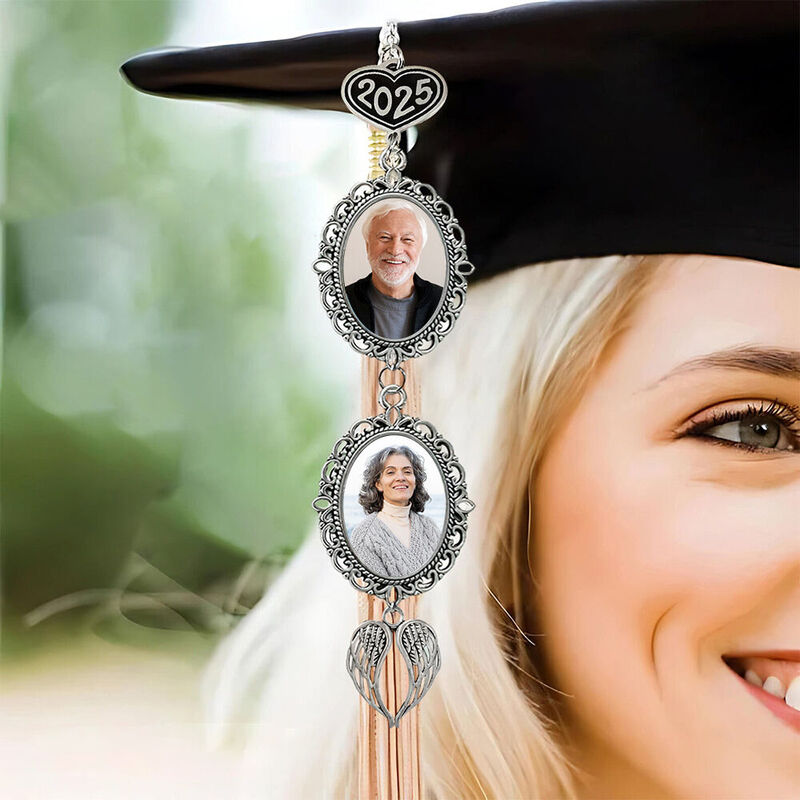 Personalized Graduation Tassel Customized Photo and 2025 Text Angel Wing Pendant for Grandson