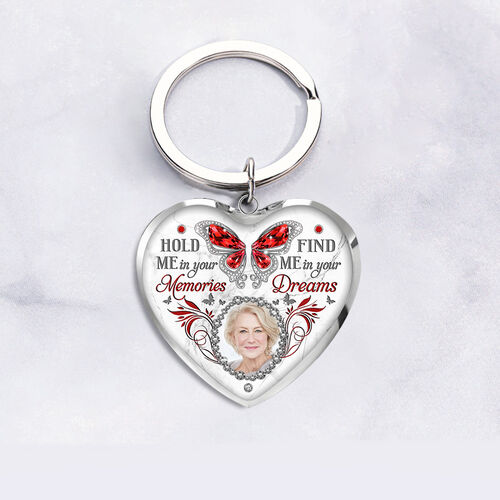 "Hold Me In Your Memories" Personalized Memorial Photo Keychain