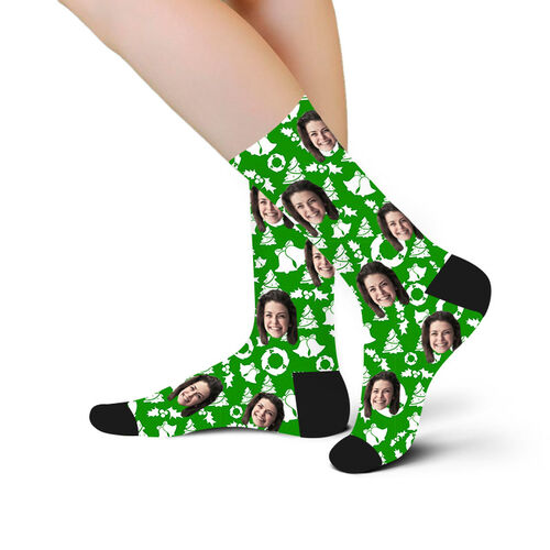 Chaussettes personnalisées avec photo du visage imprimée avec cloche et arbre de Noël pour maman
