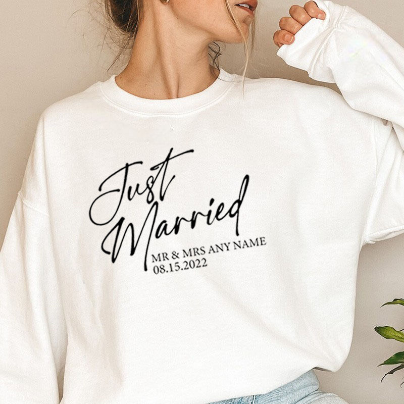 Sweatshirt personnalisé avec nom et date signé Just Married Cadeau unique pour couple de mariés