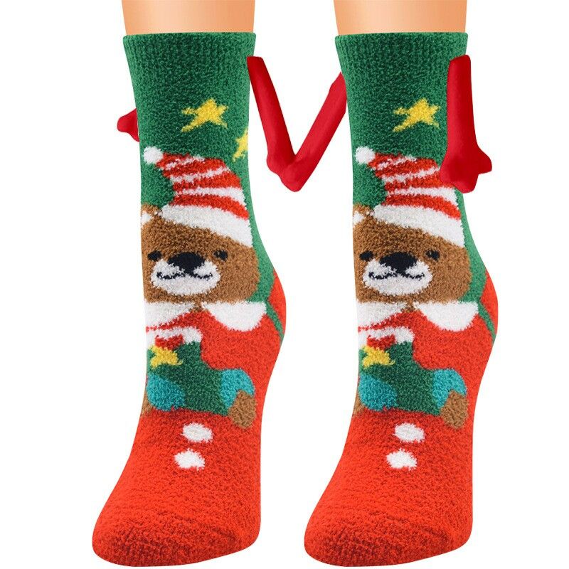 Beautiful Holding Hands Magnetic Socks with Santa Claus And Snowman Pattern Best Gift for Christmas