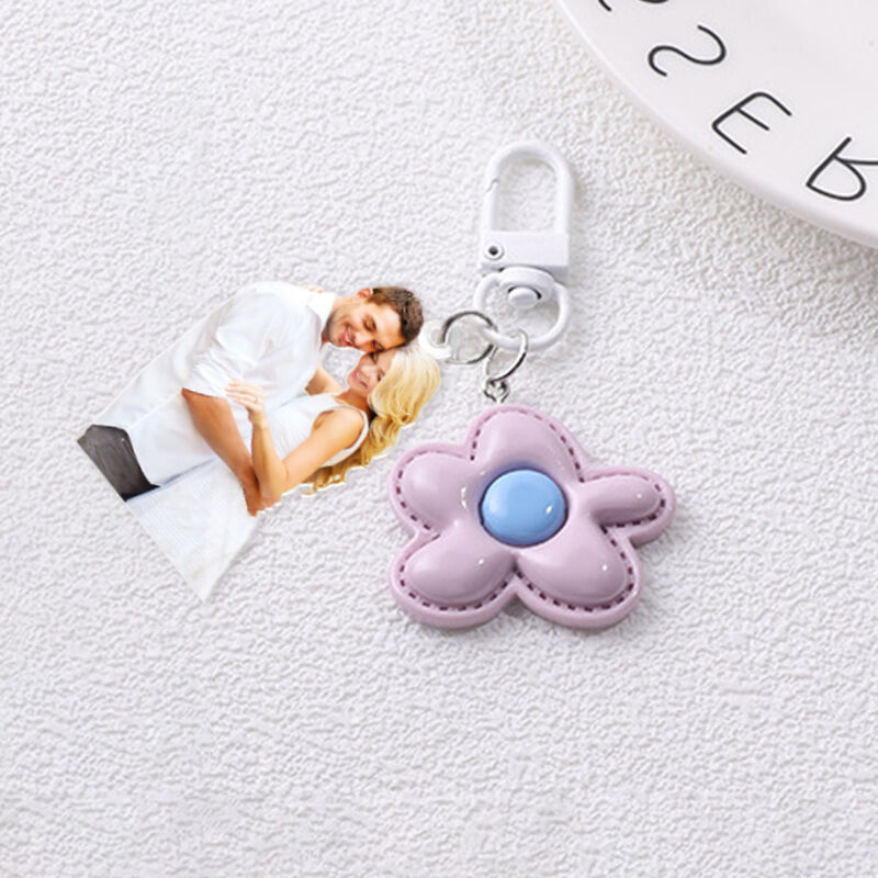 Personalized Acrylic Photo Keychain With Flower Decoration Cute Gift