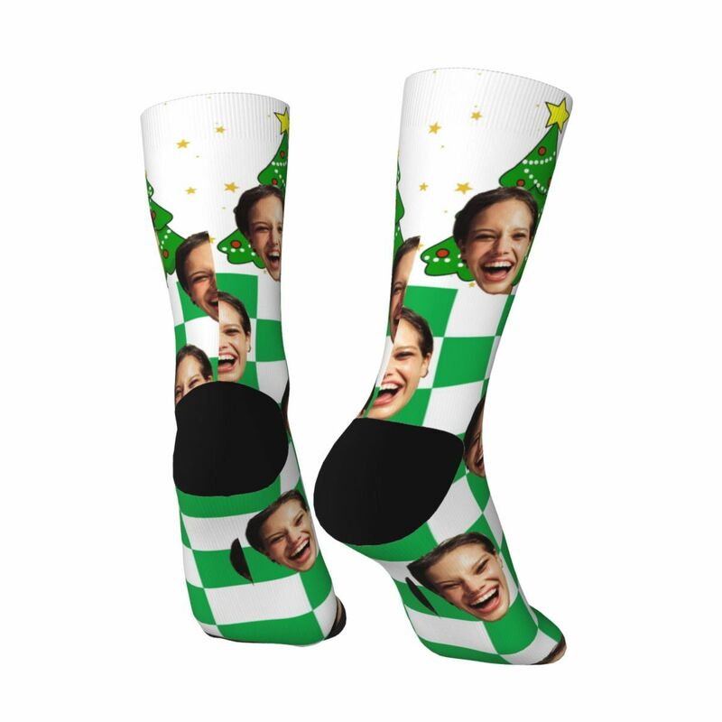 Customized Face Socks Green Plaid Christmas Tree Pattern Socks Gifts for Friends