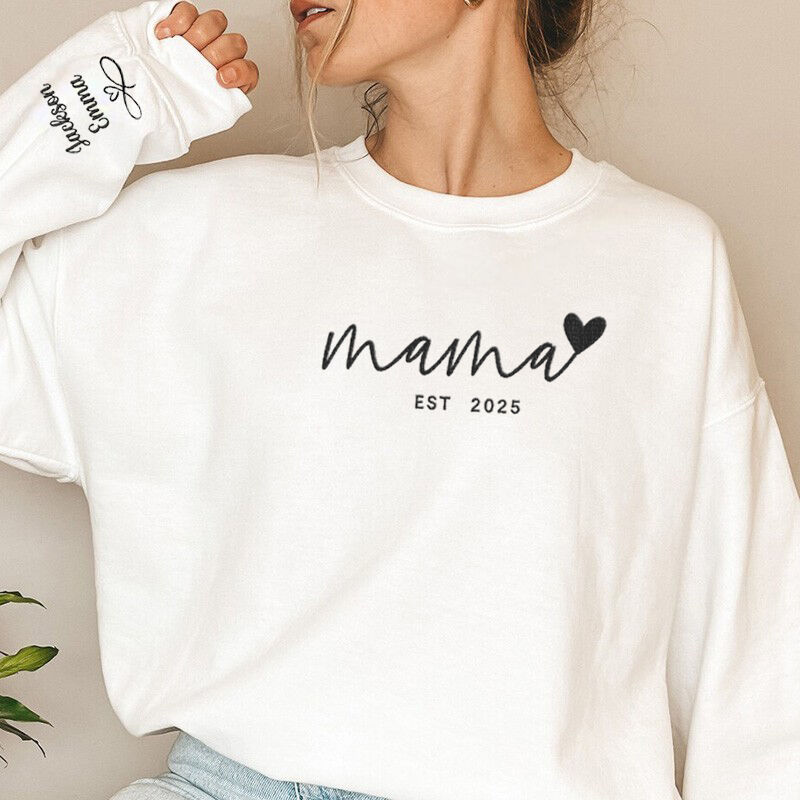 Personalized Sweatshirt Embroidered Mama Heart Custom Names On The Sleeve Design Perfect Mother's Day Gift