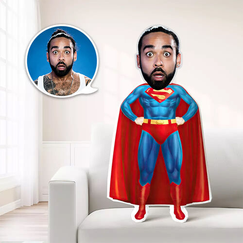 Almohada mini con foto de cara personalizada con figura de hombrecito de capa roja regalo divertido