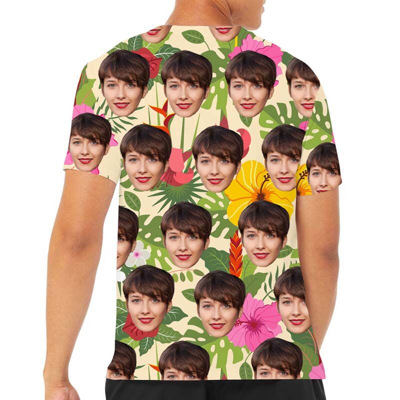 Custom Face Hawaiian T-Shirt With Colourful Flowers & Leaves