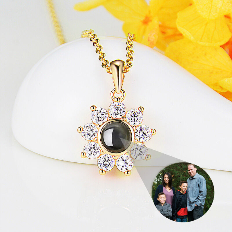 personalisierte Foto Projektion Halskette zu Familien-Sonne Blume Sterling Silber
