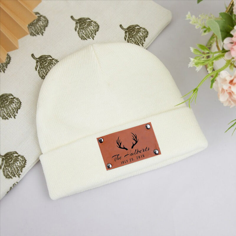 Personalized Name Beanie with Custom Date And Antlers Pattern Funny Gift for Friends