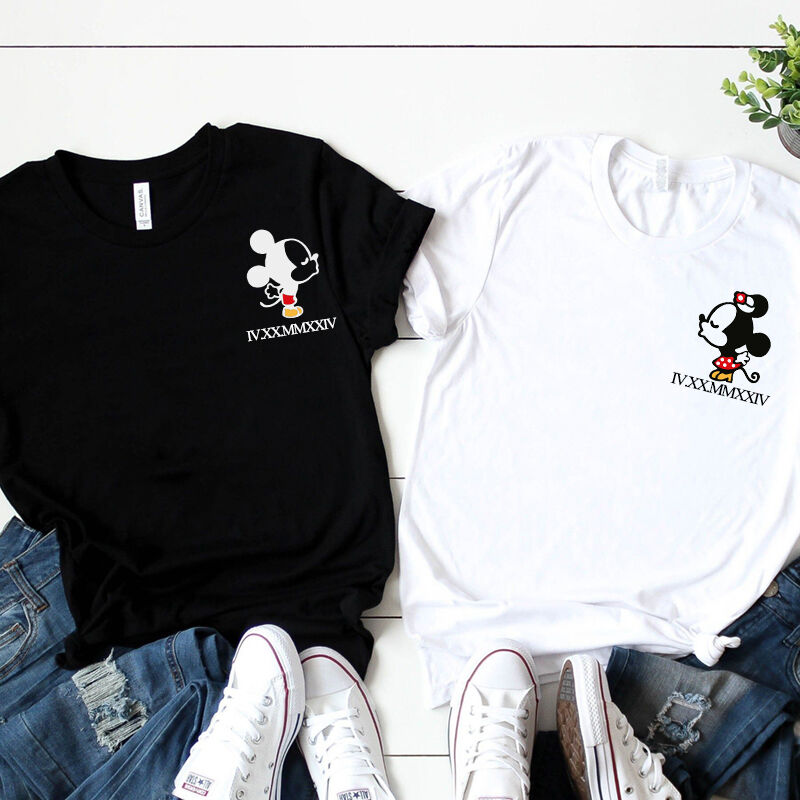 Personalized T-shirt Kissing Cartoon Mouse with Custom Roman Numeral Date Cute Gift for Couples