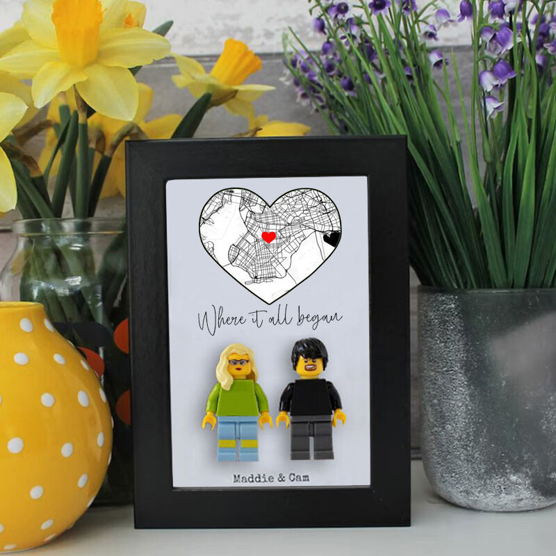 Cadeau romantique pour lui : cadre de mini-figure de construction personnalisé avec carte de géographie, Minifugure lego