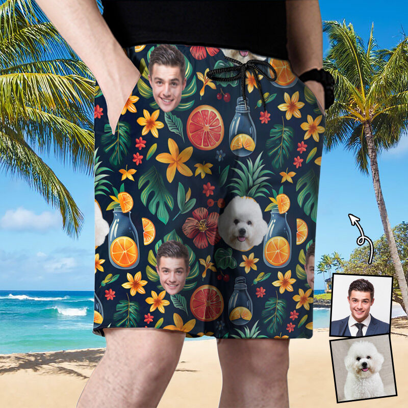 Personalized Picture Men's Beach Shorts with Cute Orange Pattern Funny Gift for Brother