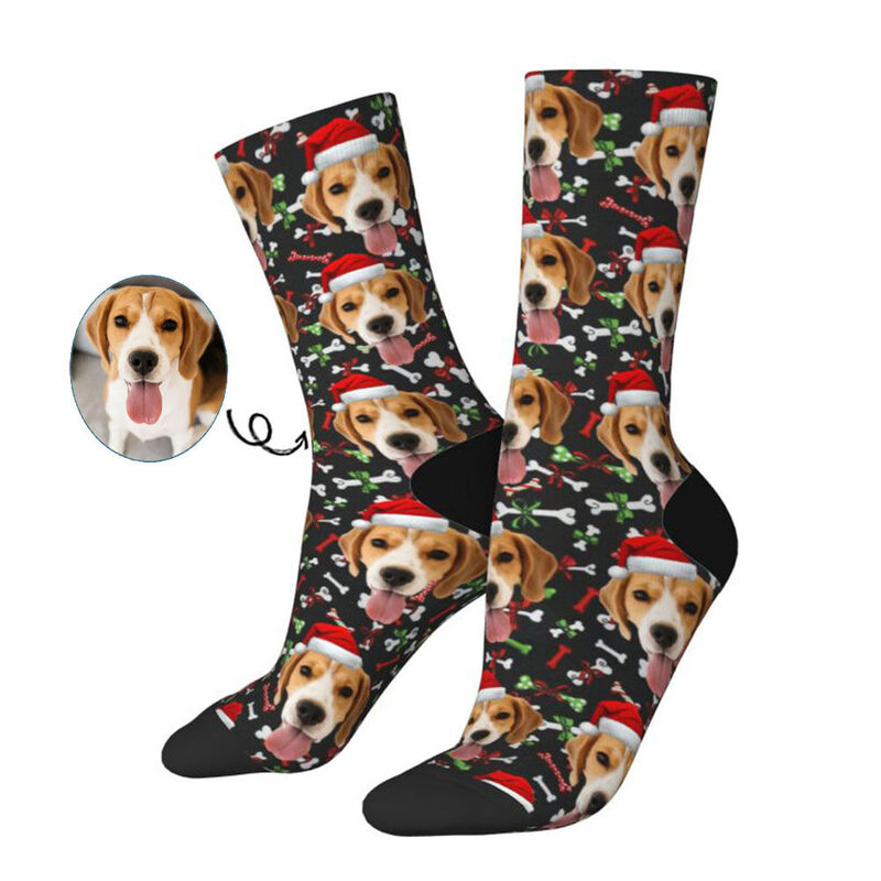 Chaussettes de visage personnalisées Photo d'animal de compagnie personnalisée portant un chapeau de Noël Cadeau pour les amoureux des animaux