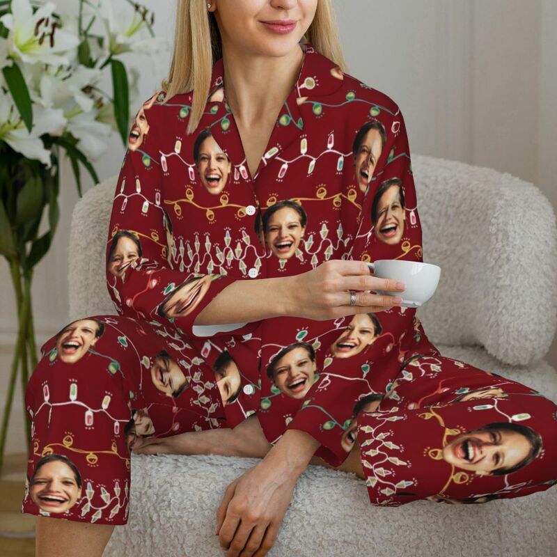 Pyjama personnalisé avec photo personnalisée, lumières de Noël, bande de vin rouge, motif de style, cadeau pour elle