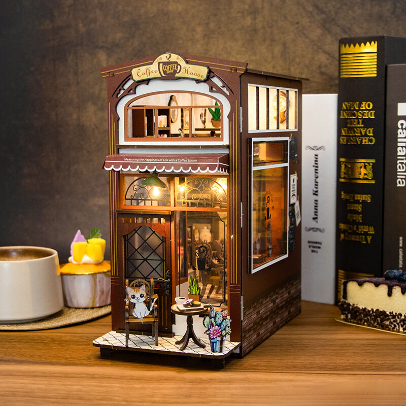 ブックヌック キット 喫茶店 立体パズル ミニチュア ドールハウス 組み立て 本棚装飾 LED付き イラスト説明書付き