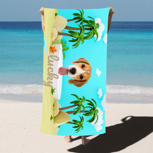 Personalized Name and Picture Bath Towel with Beach Scenery Pattern for Pet Lover