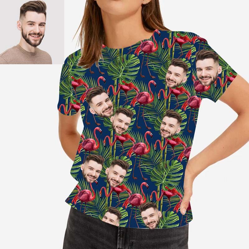"Red Flamingo In The Grass" Custom Face Women's Hawaiian T-Shirt