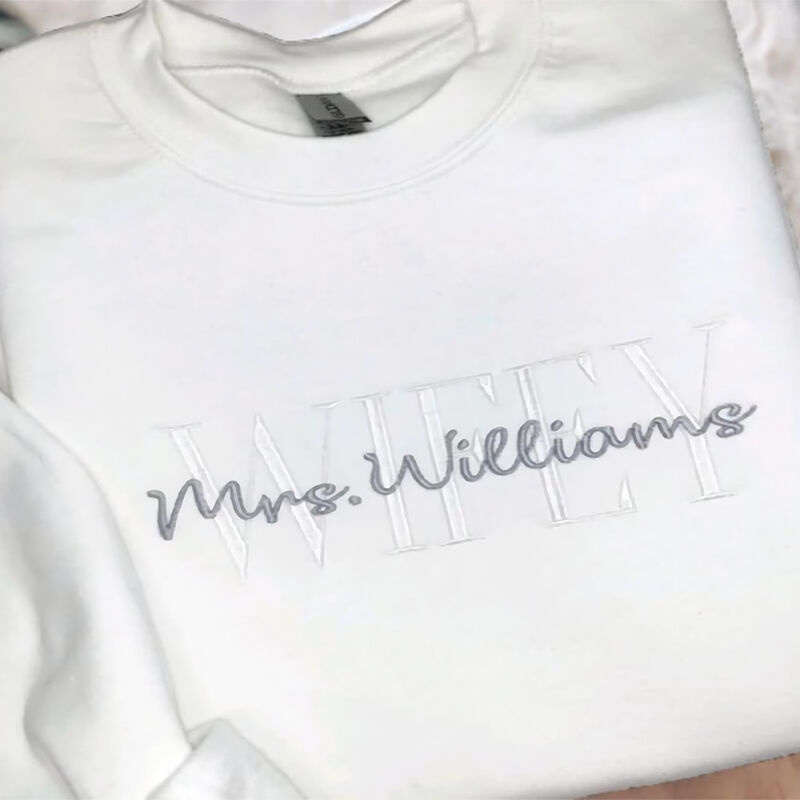 Personalized Sweatshirt Custom Embroidered Name and Date Silver Thread Exquisite Gift for Wife