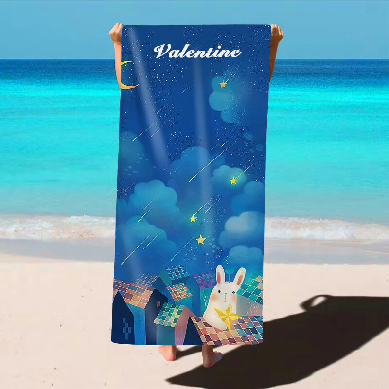 Personalized Name Bath Towel with  Cute Bunny Night Sky Pattern Perfect Gift for Kids