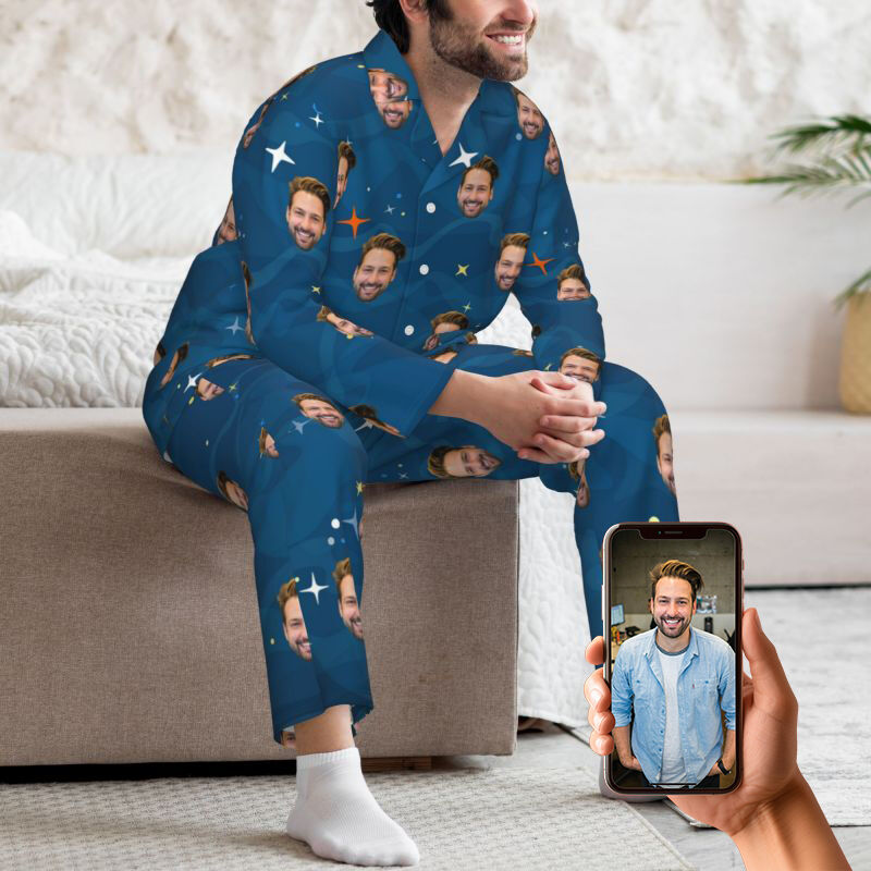 Gepersonaliseerde pyjama aangepaste foto blauwe sterrenhemel Patroon ontwerp geweldig cadeau voor hem familie