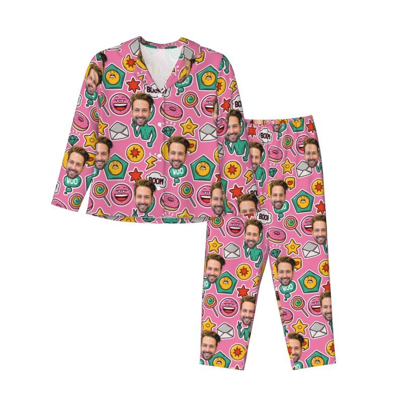 Personalized Pajamas Custom Photo Alien Donut Funny Cartoon Pattern Design Gift for Family Members