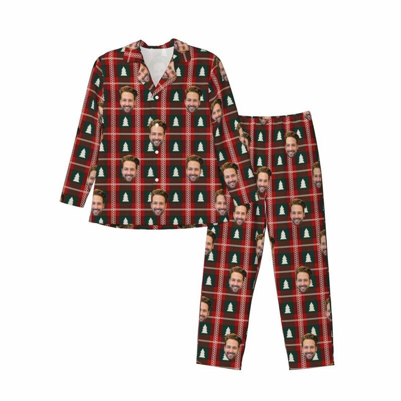 Personalized Pajamas Custom Photo Red and Black Checkered Christmas Tree Pattern Design Gift for Him