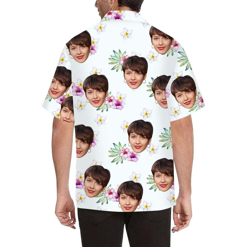 Chemise hawaïenne imprimée personnalisé  pour hommes, jonquilles et hibiscus, visage personnalisé