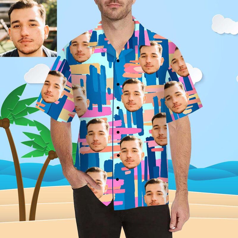 Custom Face Colorful Stripes Men's All Over Print Hawaiian Shirt