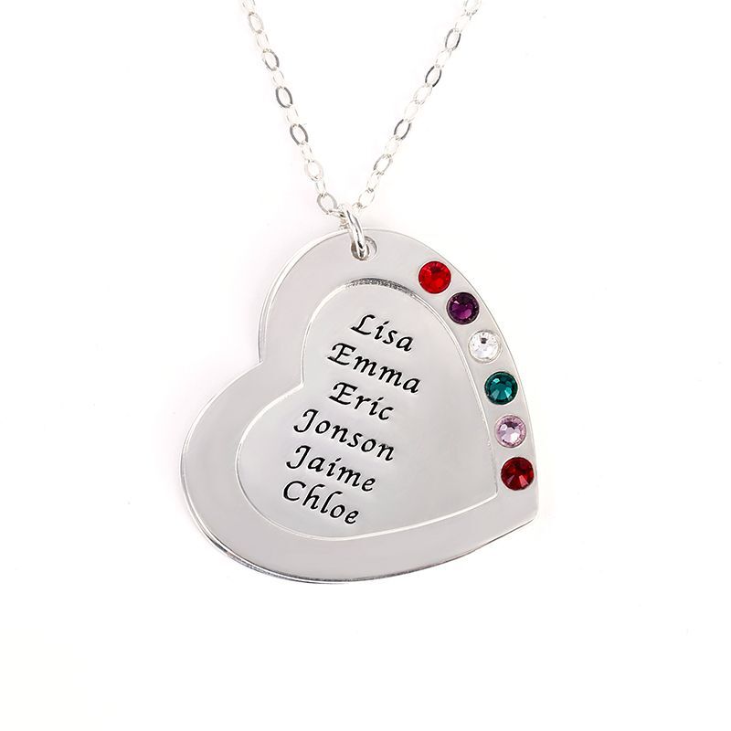 "We Are Family" Personalized Heart Necklace With Birthstone